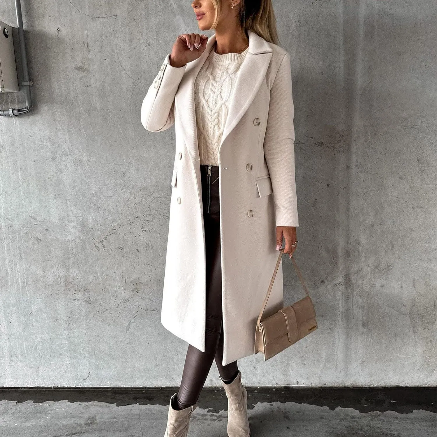 Women Winter Wool Blend Mid-Long Pea Coats Notch Lapel Trench Coat Double-Breasted Jacket Outwear Fashion Overcoats