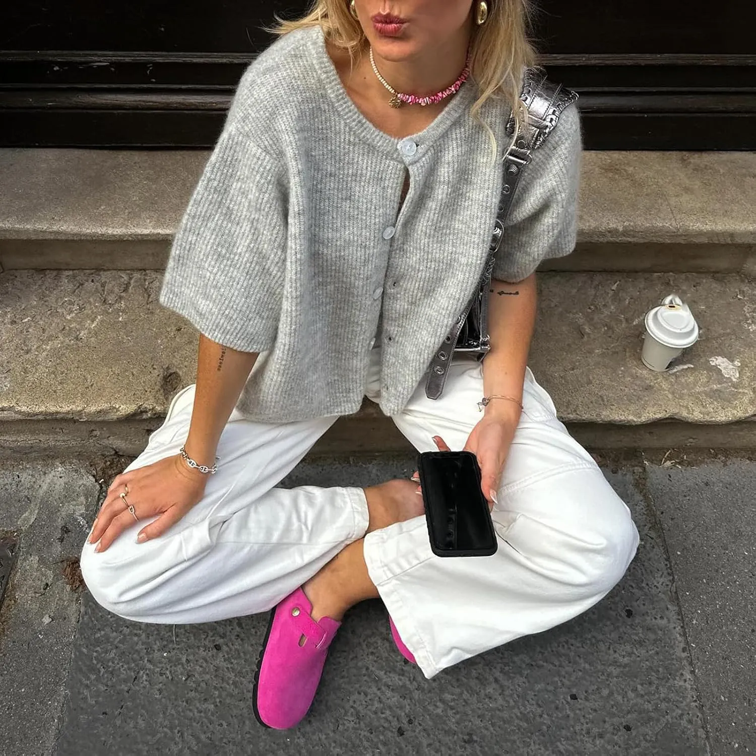 Women Y2k Knit Cardigan Shirts Open Front Button Down Crop Cardigans Sweater Short Sleeve Loose Tee Tops