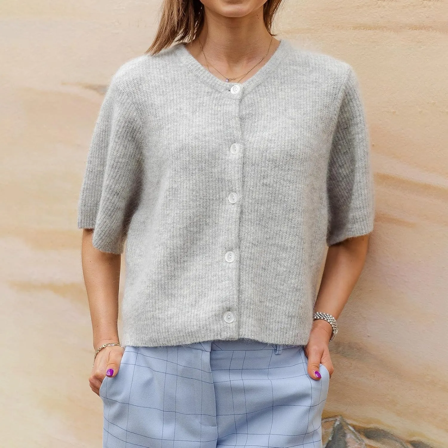 Women Y2k Knit Cardigan Shirts Open Front Button Down Crop Cardigans Sweater Short Sleeve Loose Tee Tops