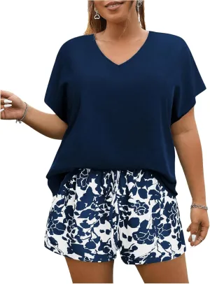Women's 2 Piece Outfits Plus Size Short Sleeve Crew Neck Tee Tops and Tropical Printed Shorts Set