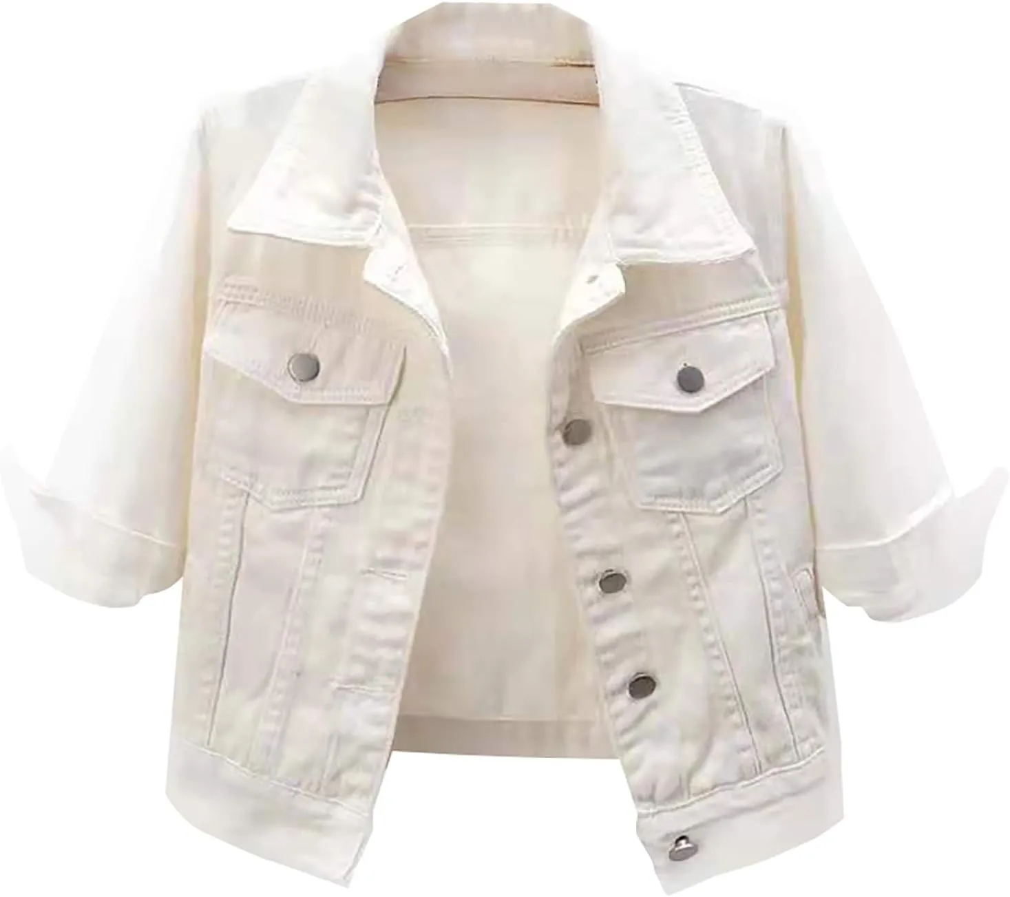 Womens 3/4 Sleeve Short Denim Jacket Plus Size, Basic Lapel Button Down Cropped Casual Jean Jackets Trucker Coats