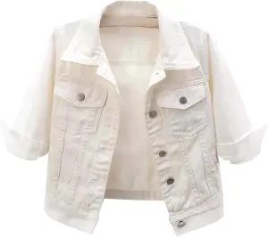 Womens 3/4 Sleeve Short Denim Jacket Plus Size, Basic Lapel Button Down Cropped Casual Jean Jackets Trucker Coats