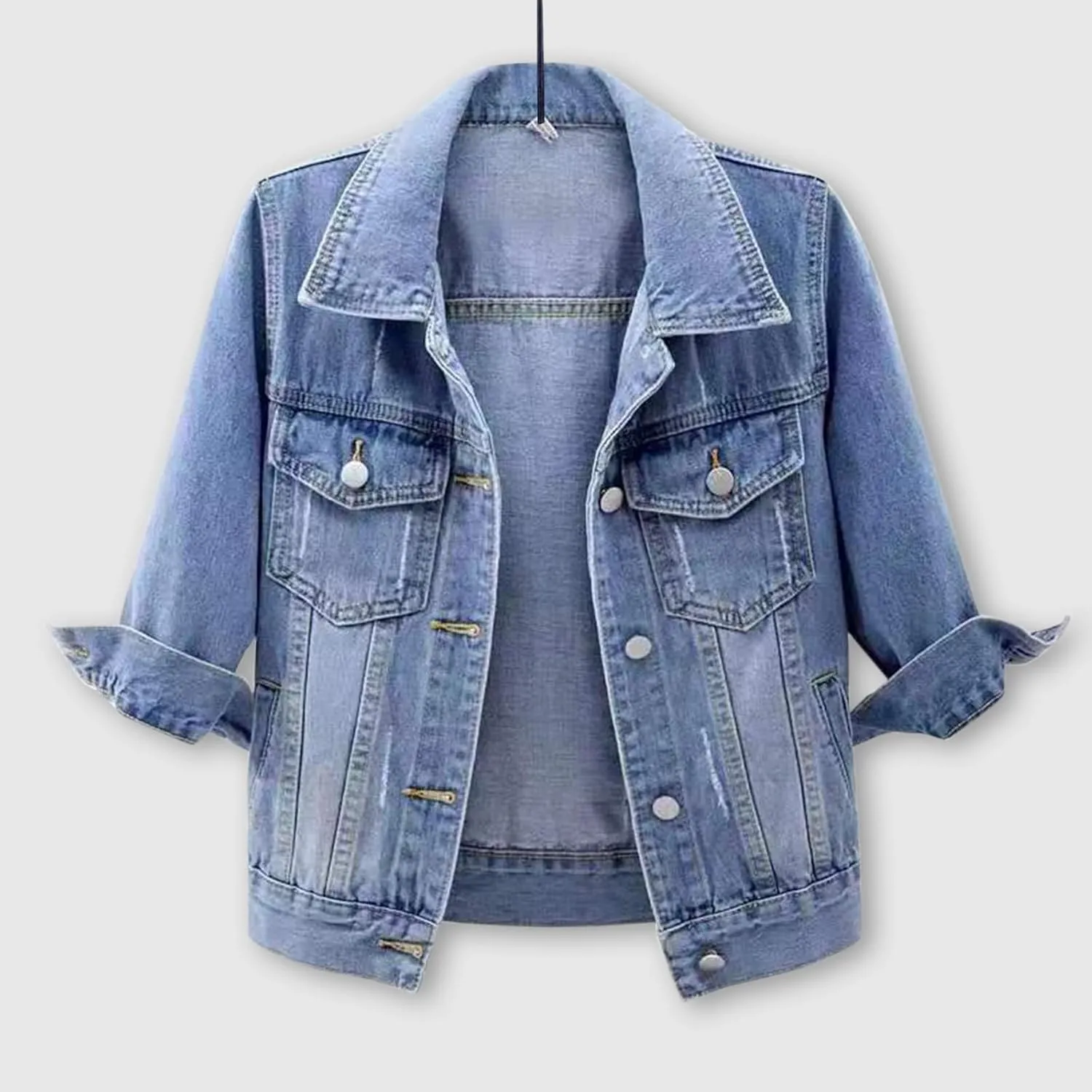 Womens 3/4 Sleeve Short Denim Jacket Plus Size, Basic Lapel Button Down Cropped Casual Jean Jackets Trucker Coats