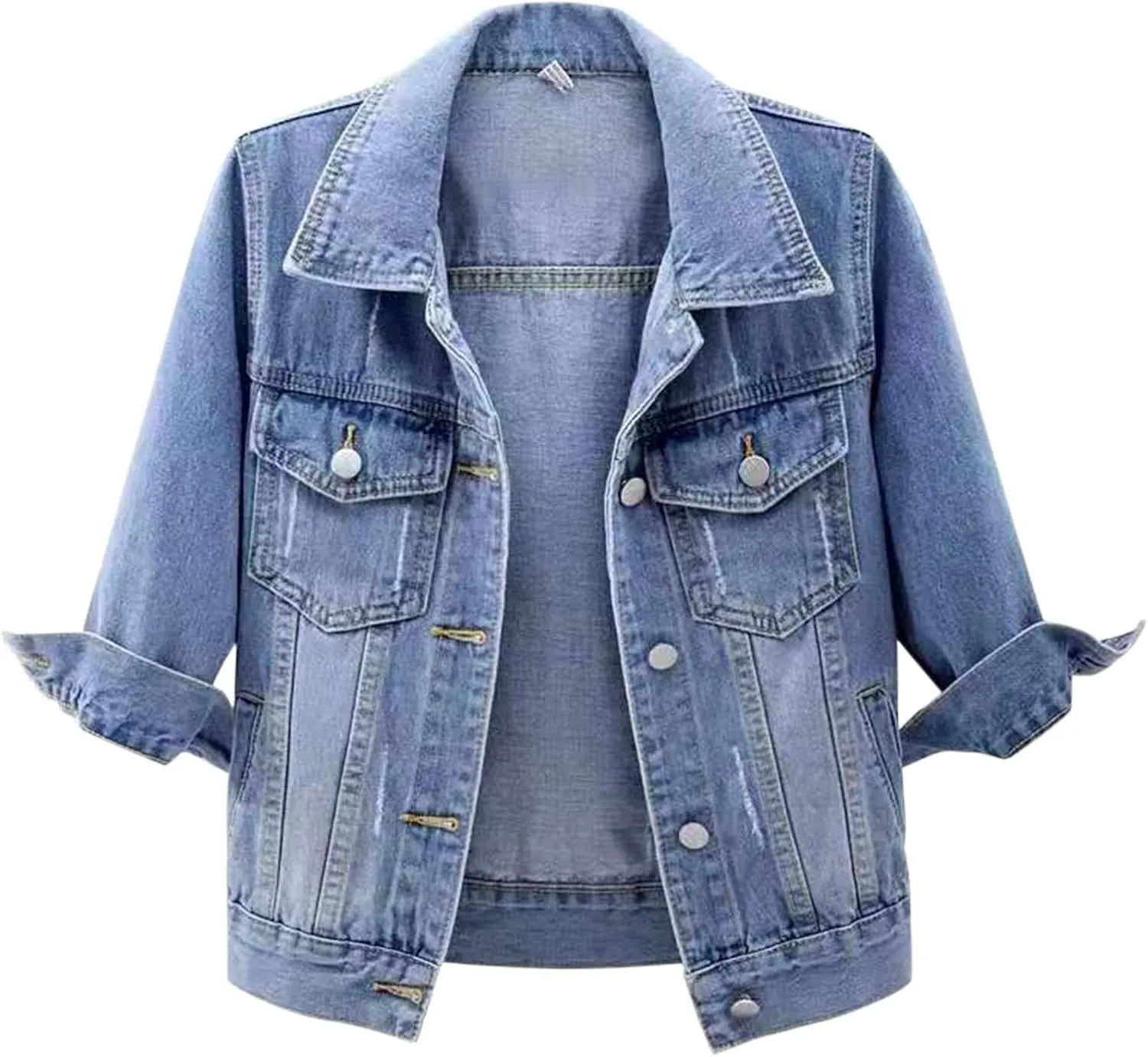 Womens 3/4 Sleeve Short Denim Jacket Plus Size, Basic Lapel Button Down Cropped Casual Jean Jackets Trucker Coats