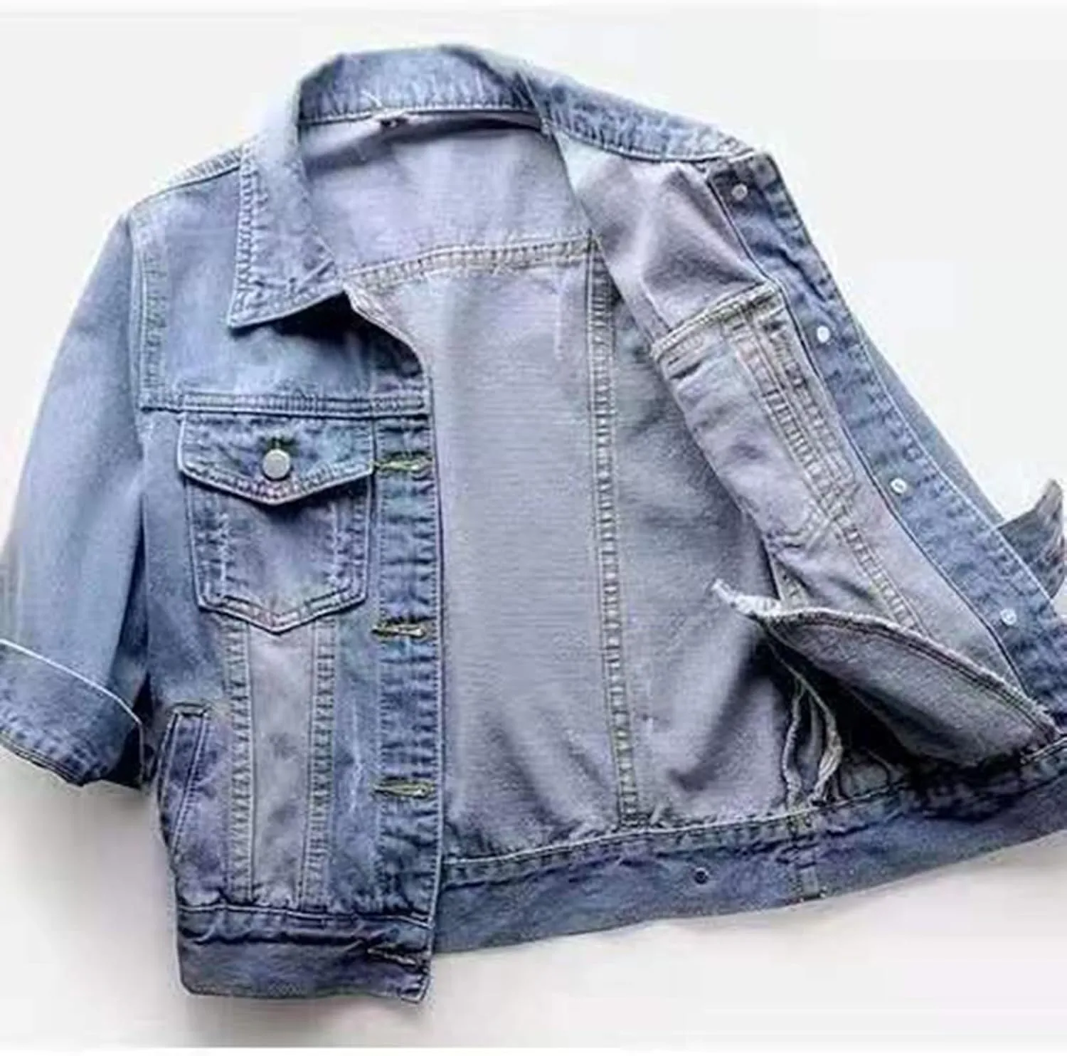 Womens 3/4 Sleeve Short Denim Jacket Plus Size, Basic Lapel Button Down Cropped Casual Jean Jackets Trucker Coats