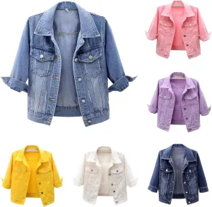 Womens 3/4 Sleeve Short Denim Jacket Plus Size, Basic Lapel Button Down Cropped Casual Jean Jackets Trucker Coats