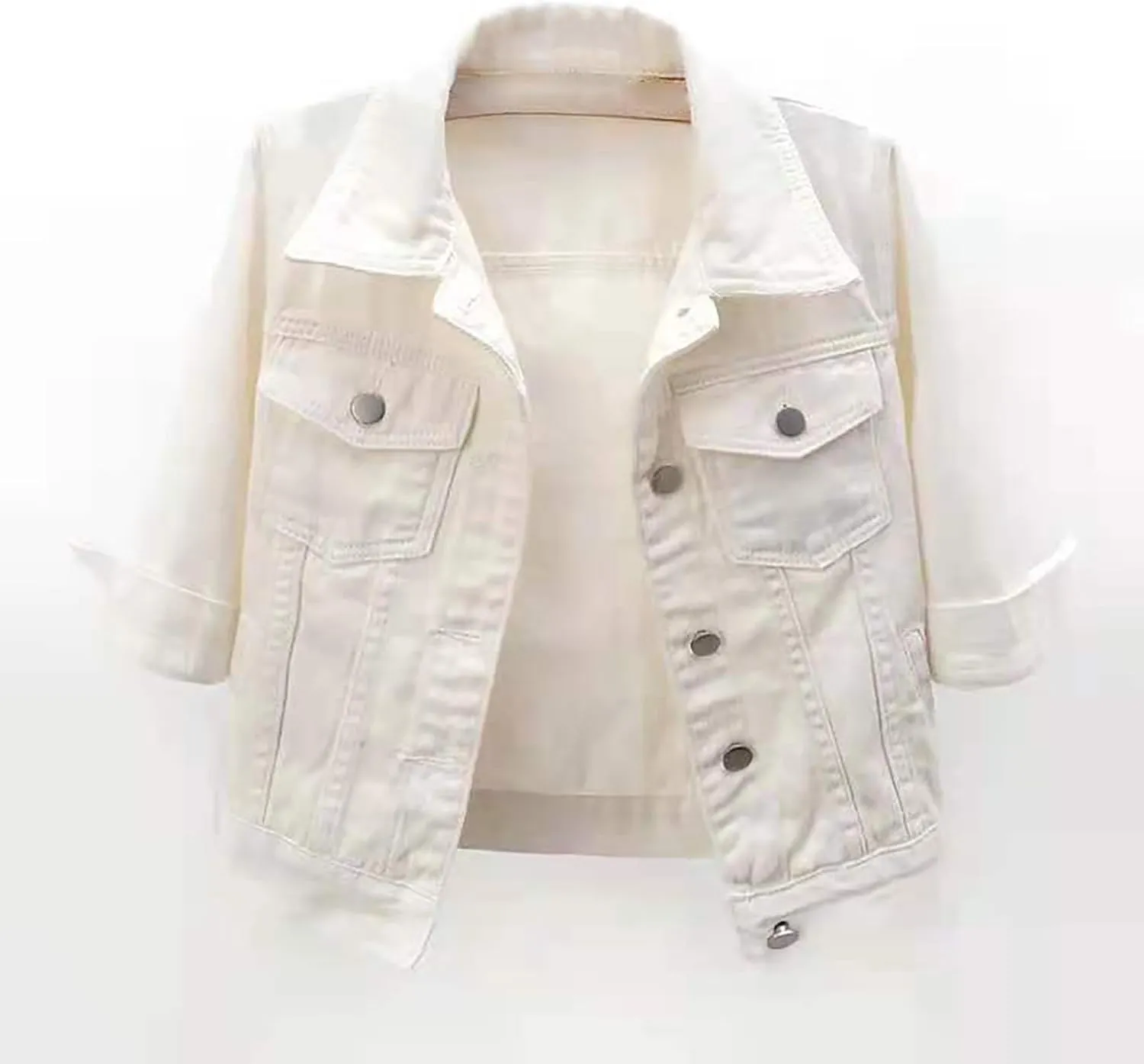 Womens 3/4 Sleeve Short Denim Jacket Plus Size, Basic Lapel Button Down Cropped Casual Jean Jackets Trucker Coats