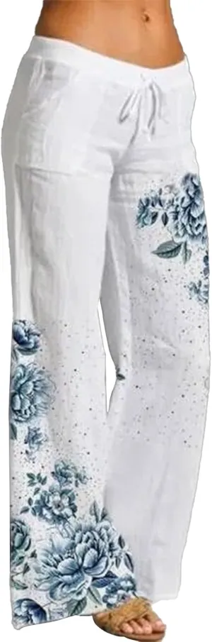 Women's Boho Floral Pants Linen Palazzo Wide Leg Lounge Pant Casual Yoga Flowy High Waist Trousers with Pockets
