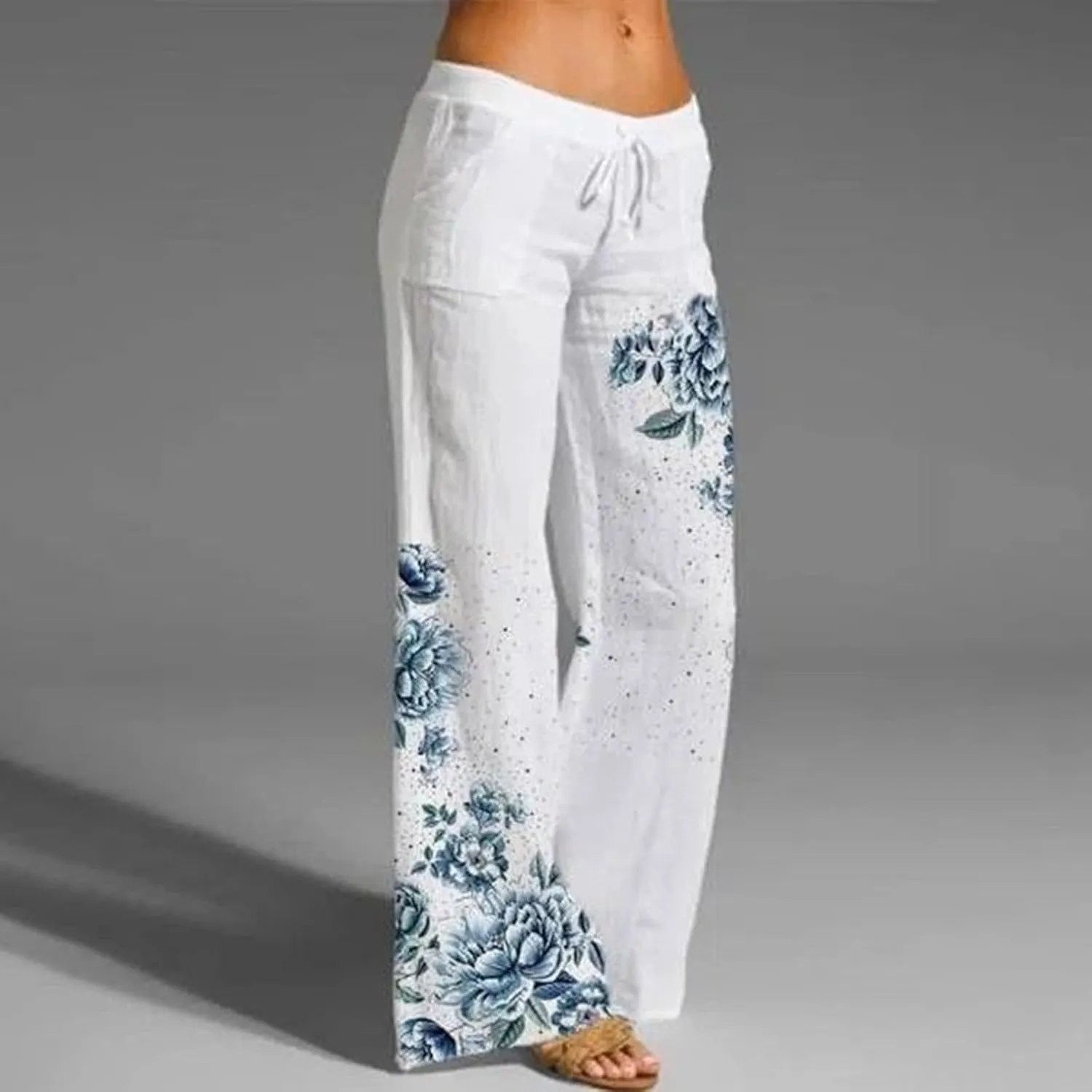 Women's Boho Floral Pants Linen Palazzo Wide Leg Lounge Pant Casual Yoga Flowy High Waist Trousers with Pockets