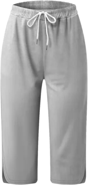 Women's Capri Pants Slimming Elastic Waist Summer Trendy Casual Trousers High Waisted Drawstring Yoga Pants with Pockets