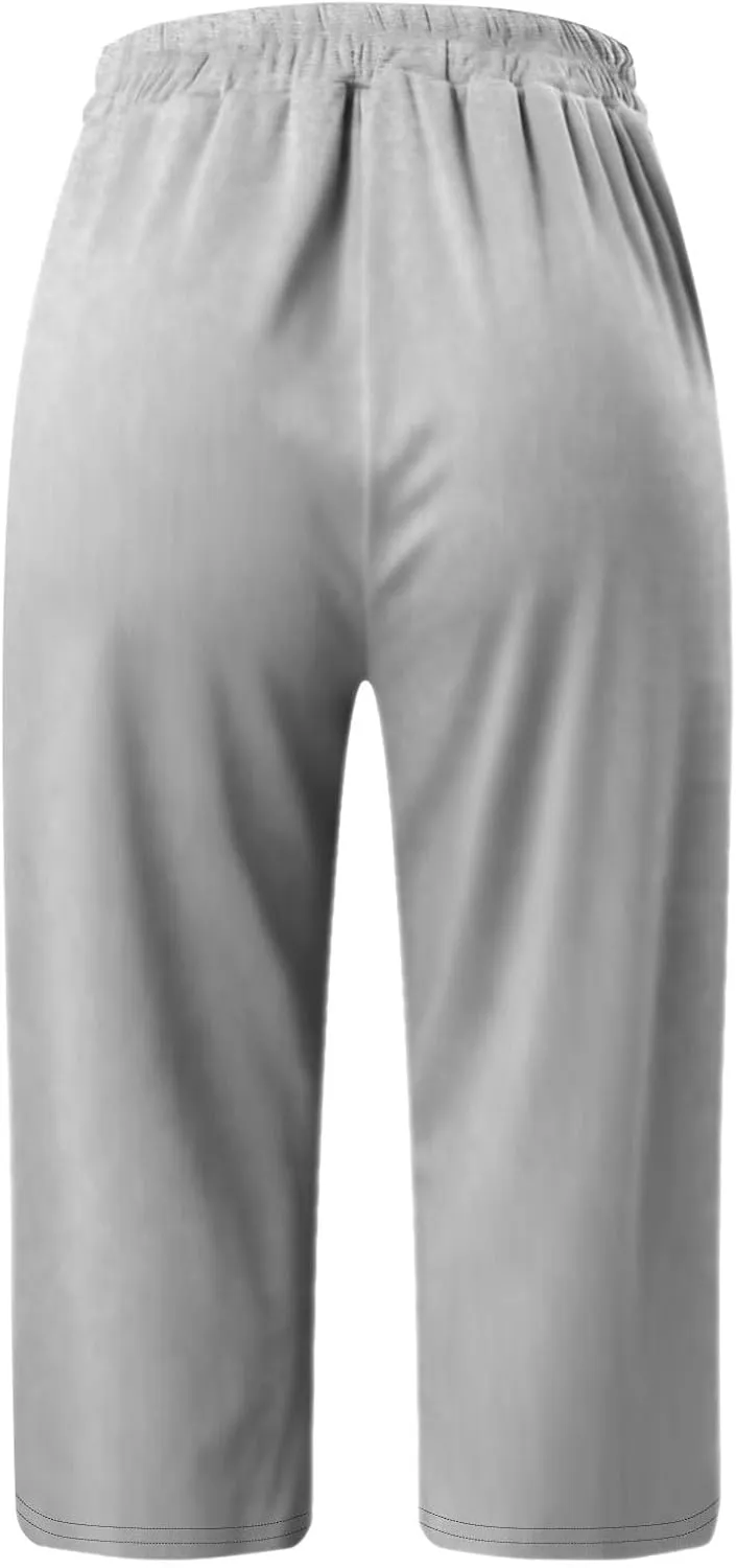 Women's Capri Pants Slimming Elastic Waist Summer Trendy Casual Trousers High Waisted Drawstring Yoga Pants with Pockets