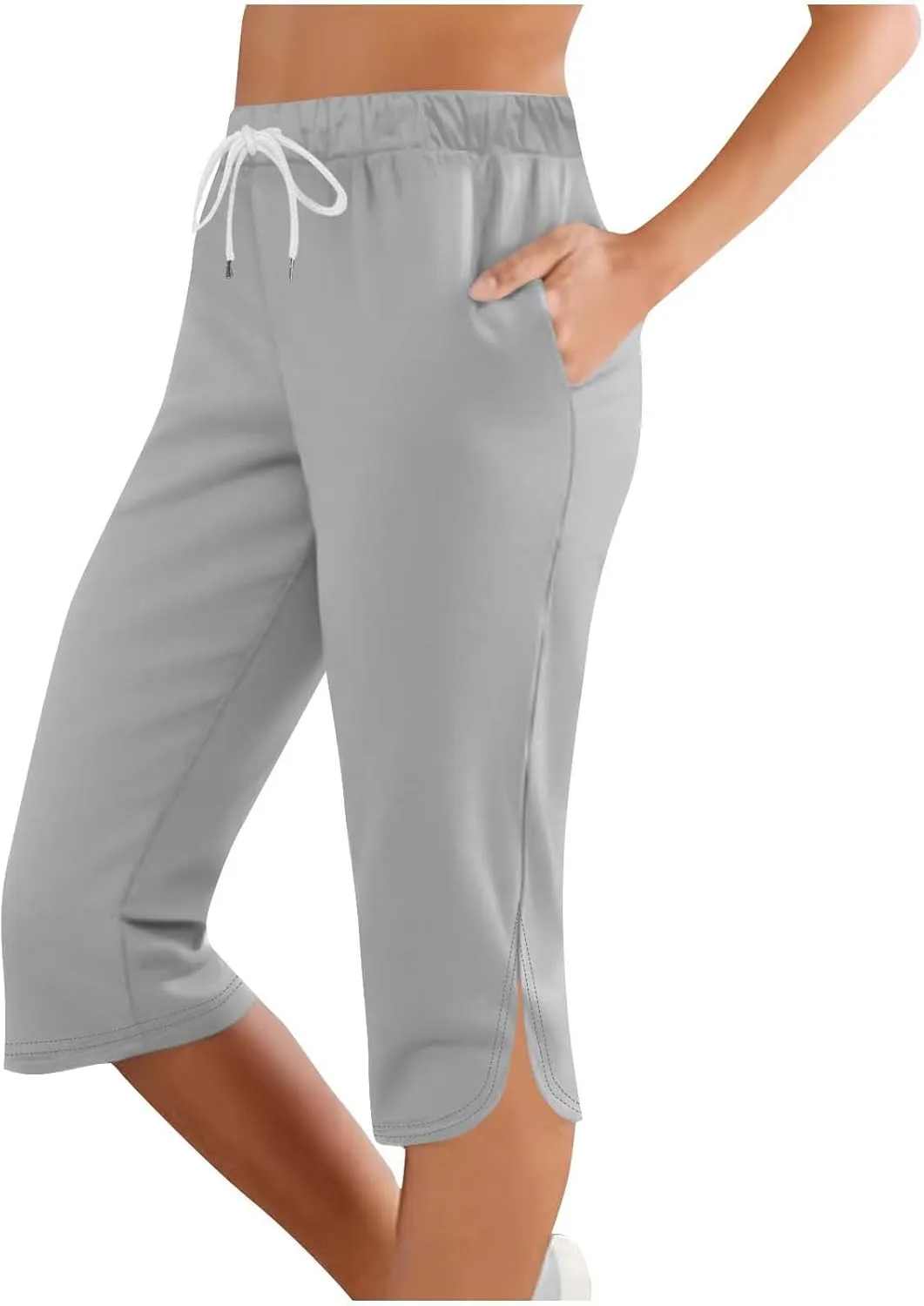 Women's Capri Pants Slimming Elastic Waist Summer Trendy Casual Trousers High Waisted Drawstring Yoga Pants with Pockets