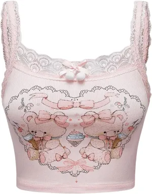 Women's Cartoon Print Cami Crop Top Y2k Bow Lace Trim Sleeveless Camisole