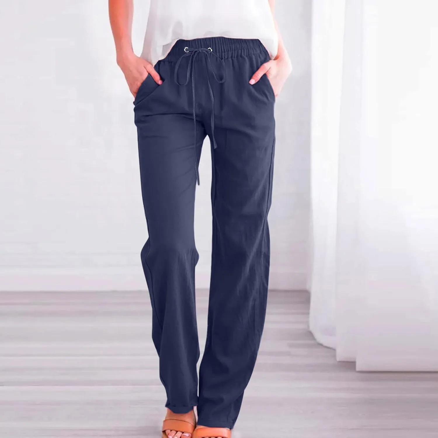 Women's Casual Cotton Linen Pants Lightweight Summer Elastic Waist Straight Leg Lounge Long Trousers with Pockets