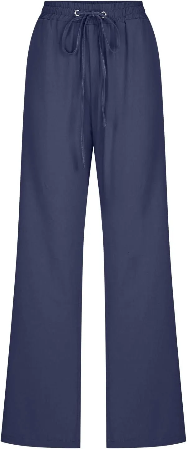 Women's Casual Cotton Linen Pants Lightweight Summer Elastic Waist Straight Leg Lounge Long Trousers with Pockets
