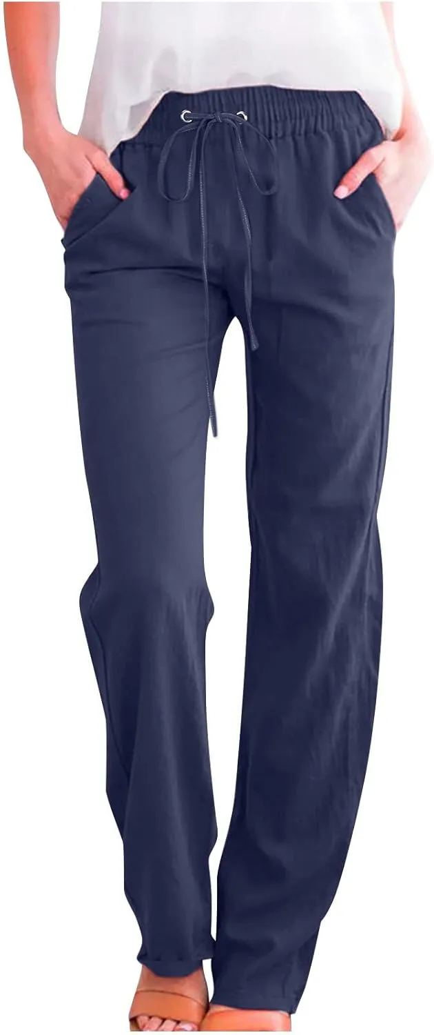 Women's Casual Cotton Linen Pants Lightweight Summer Elastic Waist Straight Leg Lounge Long Trousers with Pockets