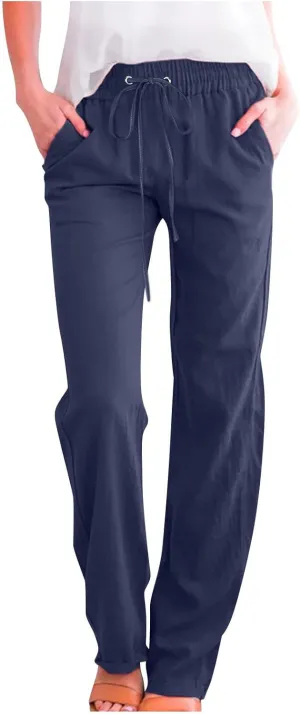 Women's Casual Cotton Linen Pants Lightweight Summer Elastic Waist Straight Leg Lounge Long Trousers with Pockets