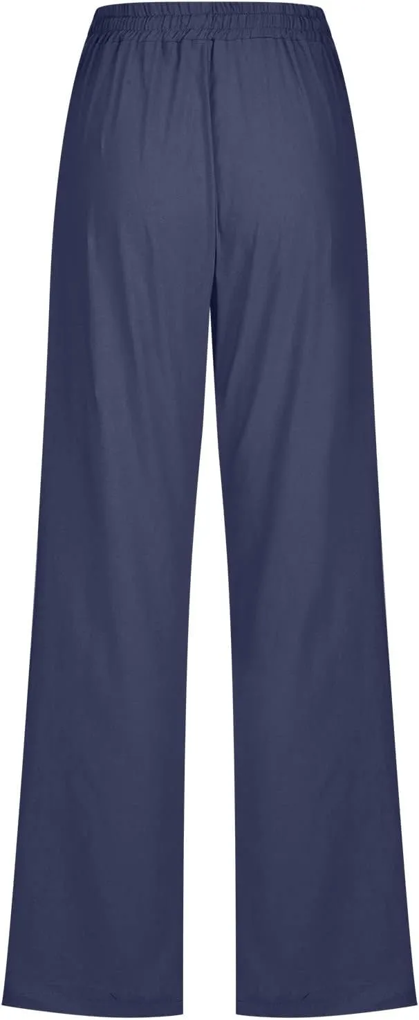 Women's Casual Cotton Linen Pants Lightweight Summer Elastic Waist Straight Leg Lounge Long Trousers with Pockets
