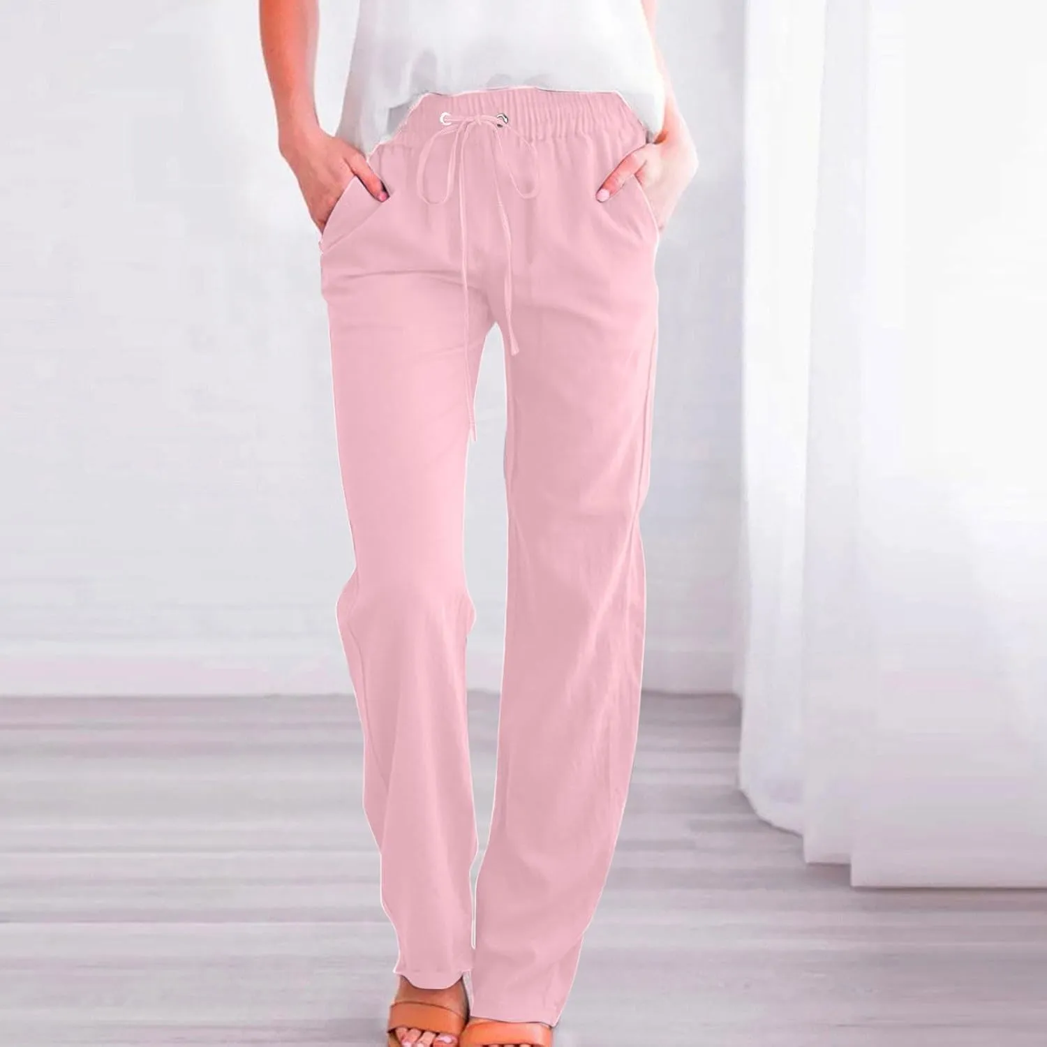 Womens Casual Cotton Linen Pants Lightweight Summer Loose Fit Elastic Waist Solid Lounge Long Trousers with Pockets