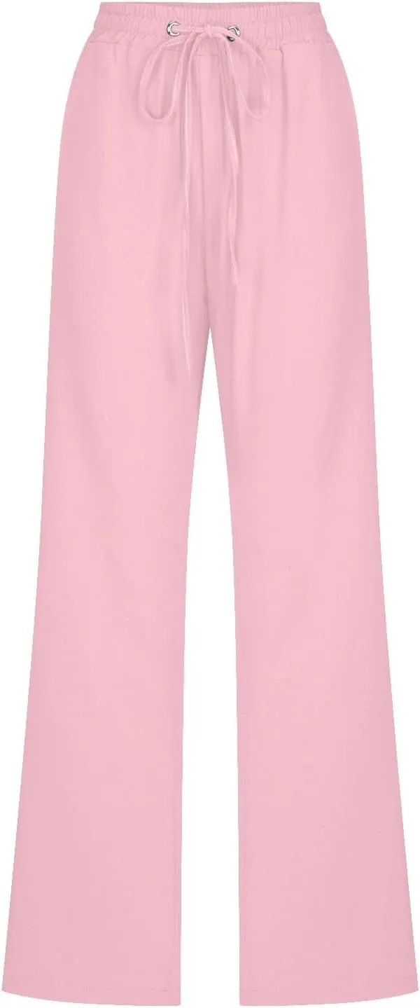Womens Casual Cotton Linen Pants Lightweight Summer Loose Fit Elastic Waist Solid Lounge Long Trousers with Pockets