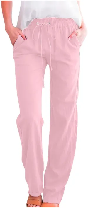 Womens Casual Cotton Linen Pants Lightweight Summer Loose Fit Elastic Waist Solid Lounge Long Trousers with Pockets