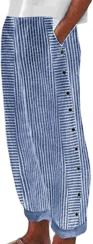 Women's Casual Pants Striped Side Button Elastic Waist Trendy Pants Straight Leg Baggy Trousers with Pocket