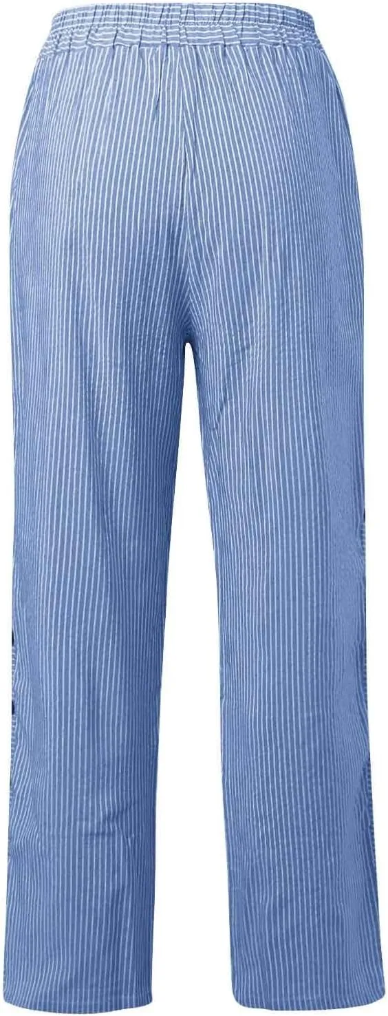 Women's Casual Pants Striped Side Button Elastic Waist Trendy Pants Straight Leg Baggy Trousers with Pocket