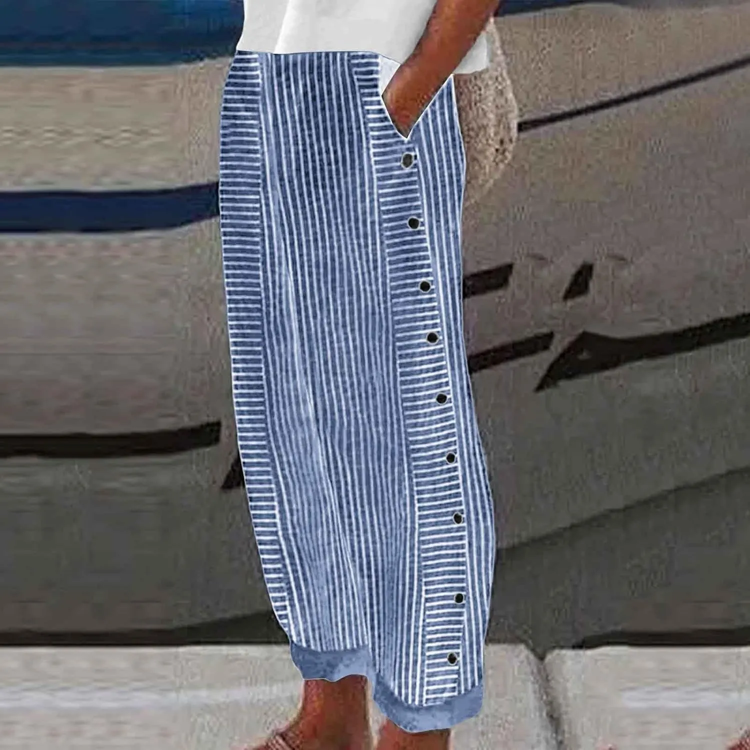 Women's Casual Pants Striped Side Button Elastic Waist Trendy Pants Straight Leg Baggy Trousers with Pocket
