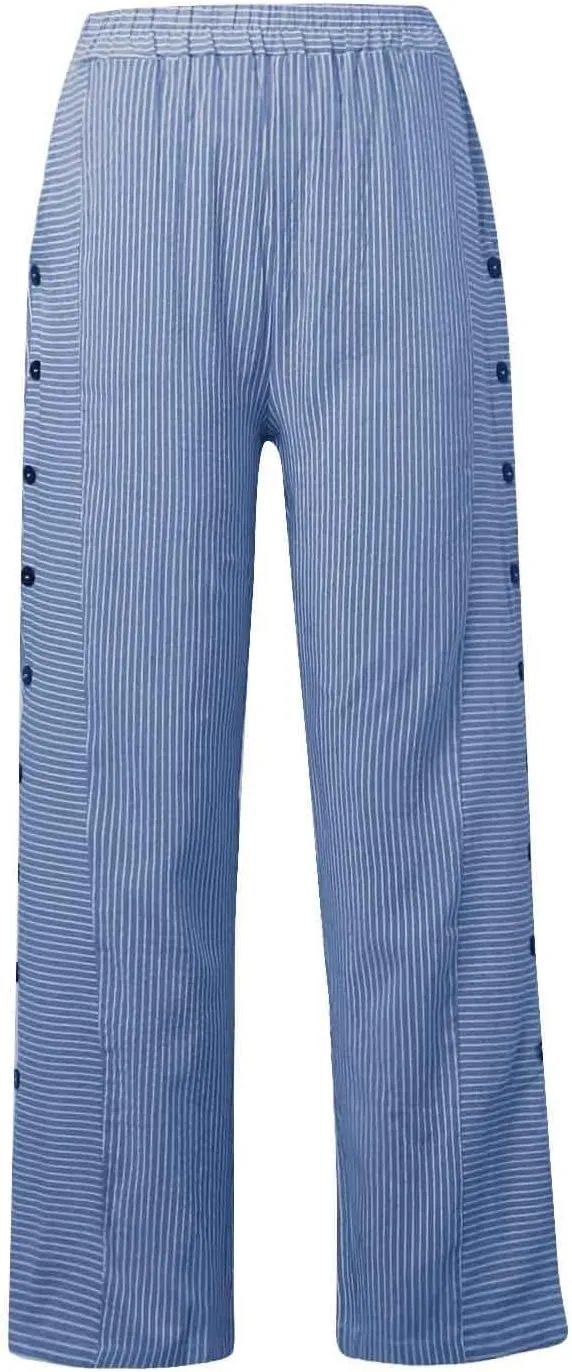 Women's Casual Pants Striped Side Button Elastic Waist Trendy Pants Straight Leg Baggy Trousers with Pocket