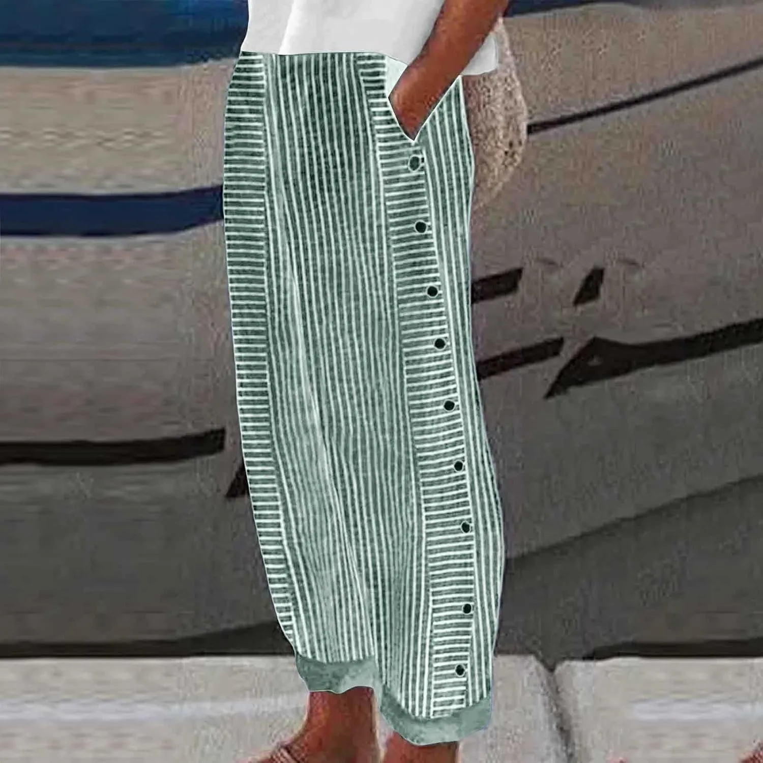 Women's Casual Pants Striped Side Button Elastic Waist Trendy Pants Straight Leg Baggy Trousers with Pocket