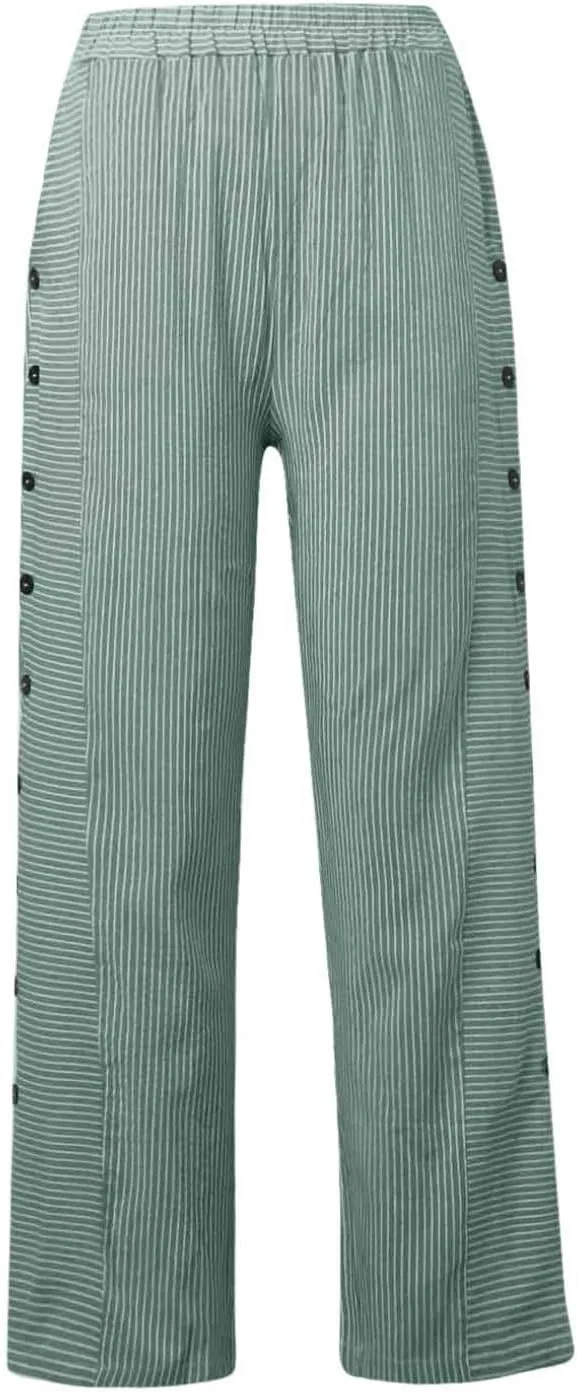 Women's Casual Pants Striped Side Button Elastic Waist Trendy Pants Straight Leg Baggy Trousers with Pocket