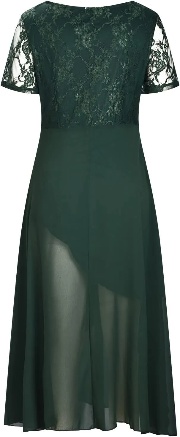 Womens Chiffon Cocktail Dress Lace V Neck Evening Gowns Elegant Flowy Wedding Guests Dresses Bridesmaid Maxi Dress