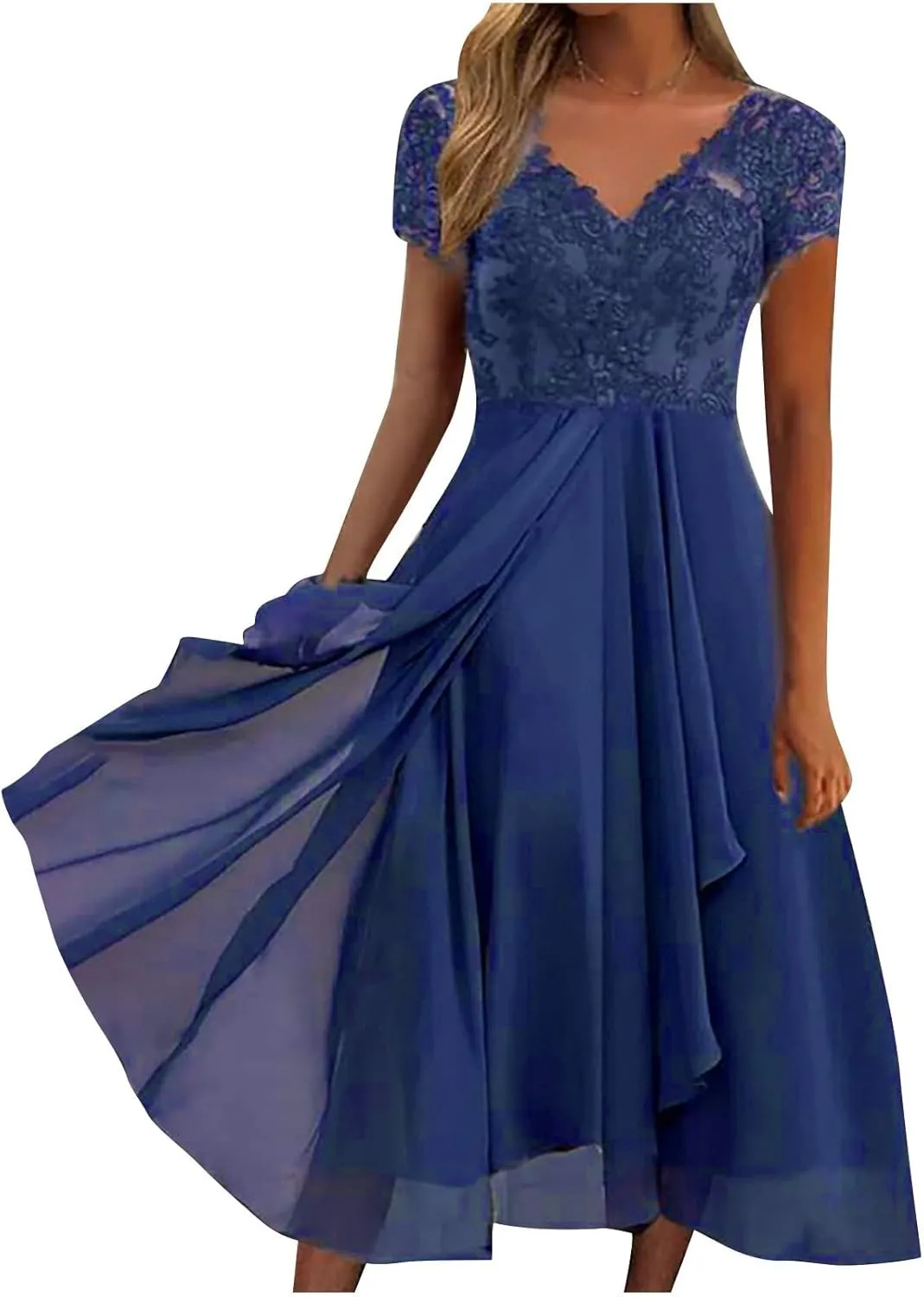 Womens Chiffon Cocktail Dress Lace V Neck Evening Gowns Elegant Flowy Wedding Guests Dresses Bridesmaid Maxi Dress
