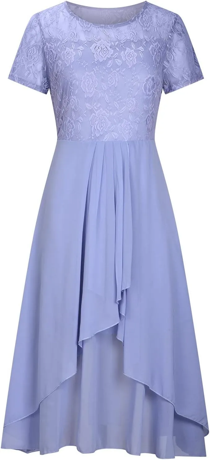 Womens Chiffon Cocktail Dress Lace V Neck Evening Gowns Elegant Flowy Wedding Guests Dresses Bridesmaid Maxi Dress