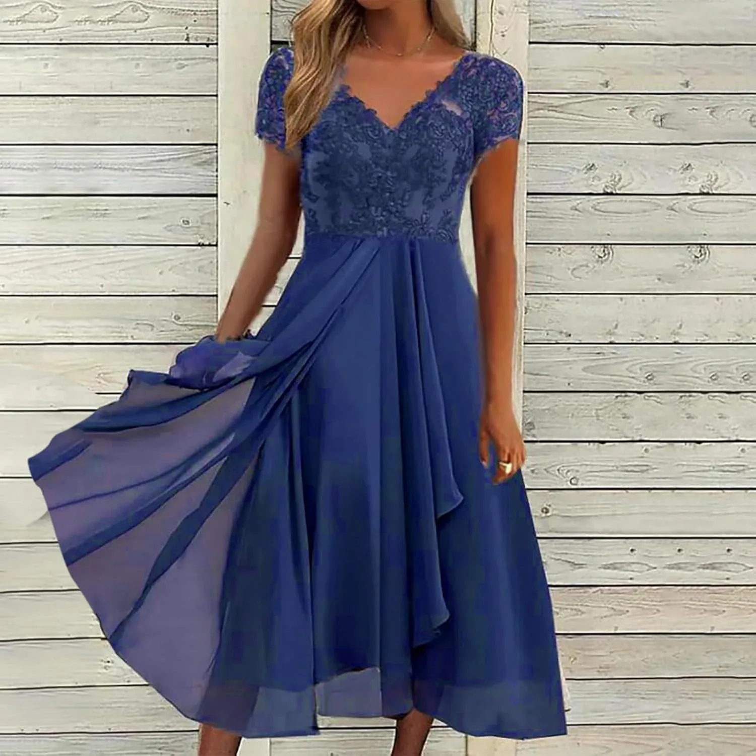 Womens Chiffon Cocktail Dress Lace V Neck Evening Gowns Elegant Flowy Wedding Guests Dresses Bridesmaid Maxi Dress