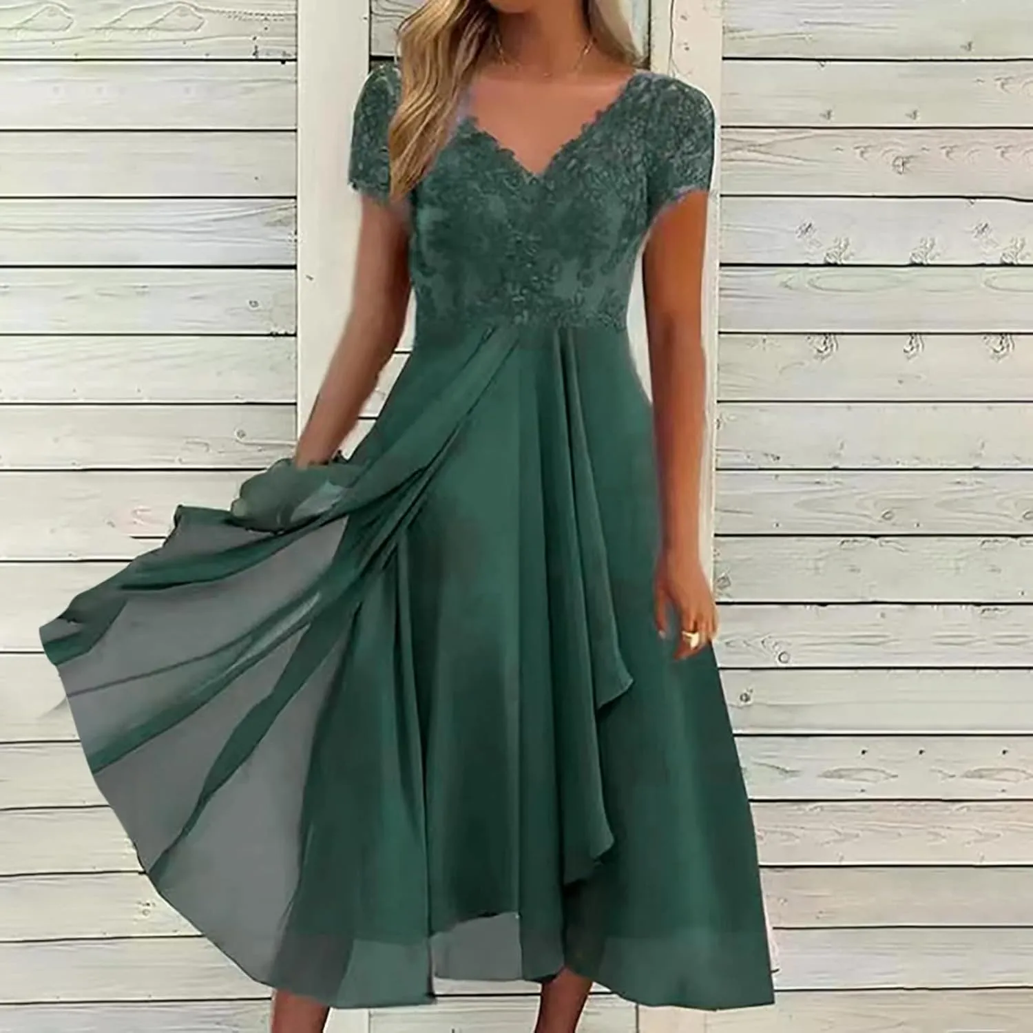 Womens Chiffon Cocktail Dress Lace V Neck Evening Gowns Elegant Flowy Wedding Guests Dresses Bridesmaid Maxi Dress