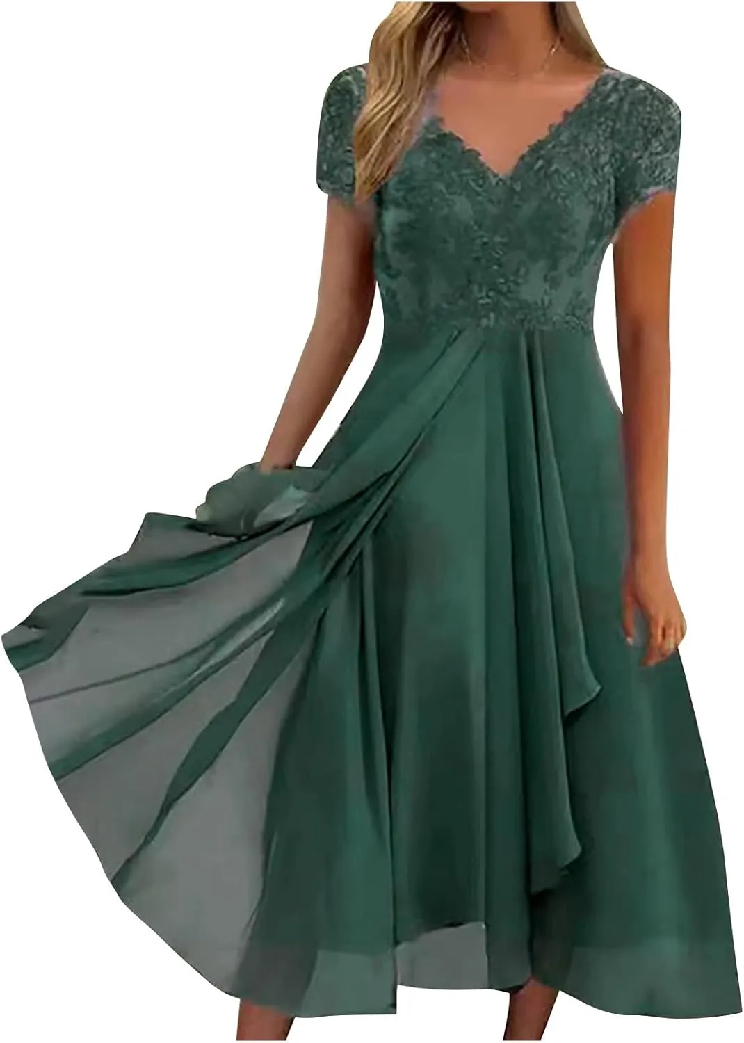 Womens Chiffon Cocktail Dress Lace V Neck Evening Gowns Elegant Flowy Wedding Guests Dresses Bridesmaid Maxi Dress