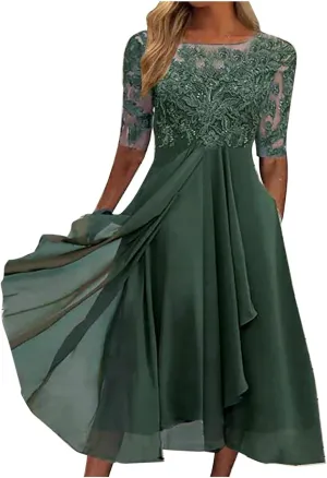 Womens Chiffon Cocktail Dress Lace V Neck Evening Gowns Elegant Flowy Wedding Guests Dresses Bridesmaid Maxi Dress