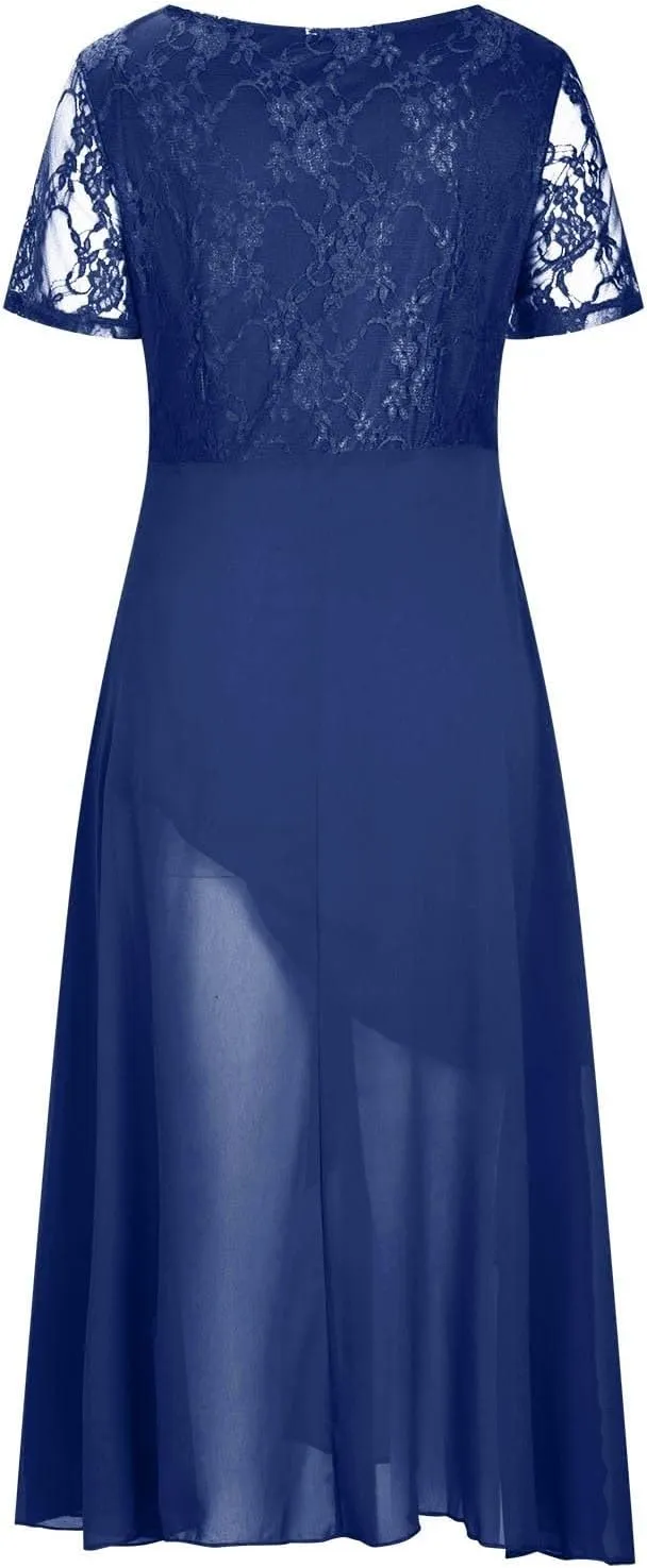 Womens Chiffon Cocktail Dress Lace V Neck Evening Gowns Elegant Flowy Wedding Guests Dresses Bridesmaid Maxi Dress