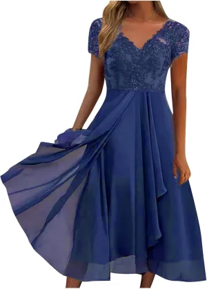 Womens Chiffon Cocktail Dress Lace V Neck Evening Gowns Elegant Flowy Wedding Guests Dresses Bridesmaid Maxi Dress