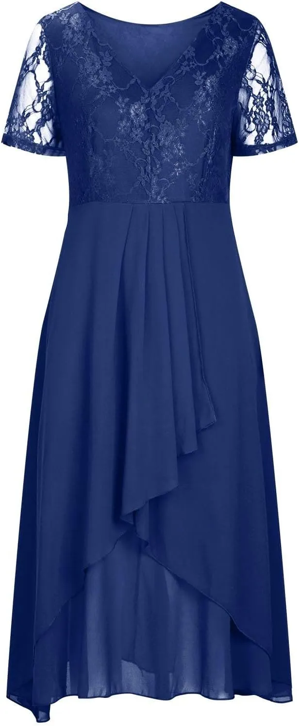 Womens Chiffon Cocktail Dress Lace V Neck Evening Gowns Elegant Flowy Wedding Guests Dresses Bridesmaid Maxi Dress