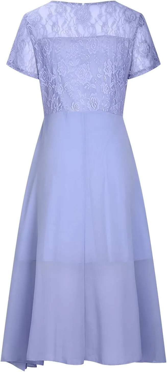Womens Chiffon Cocktail Dress Lace V Neck Evening Gowns Elegant Flowy Wedding Guests Dresses Bridesmaid Maxi Dress