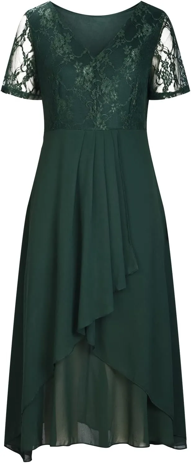 Womens Chiffon Cocktail Dress Lace V Neck Evening Gowns Elegant Flowy Wedding Guests Dresses Bridesmaid Maxi Dress
