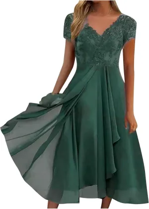 Womens Chiffon Cocktail Dress Lace V Neck Evening Gowns Elegant Flowy Wedding Guests Dresses Bridesmaid Maxi Dress
