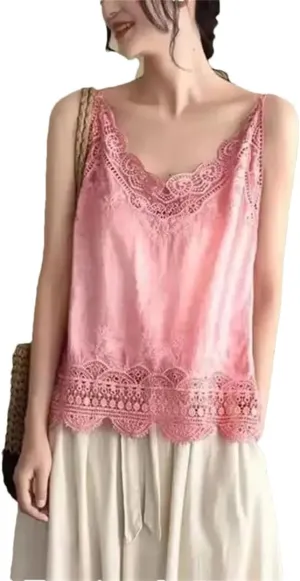 Women's Cotton and Linen Camisole lace Vest top Summer Casual Short Vest