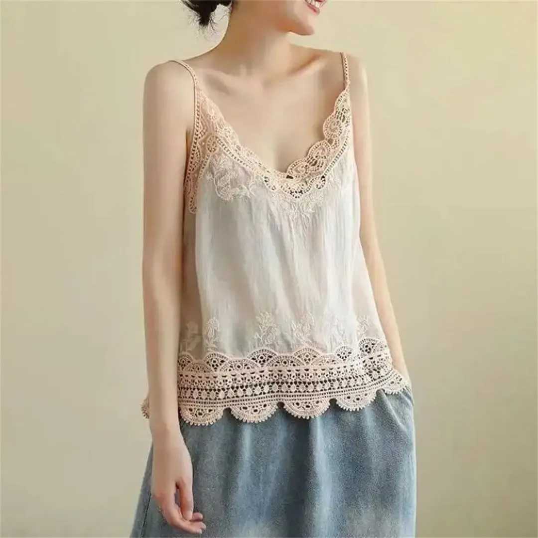 Women's Cotton and Linen Camisole lace Vest top Summer Casual Short Vest