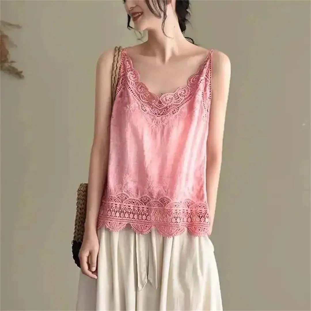 Women's Cotton and Linen Camisole lace Vest top Summer Casual Short Vest
