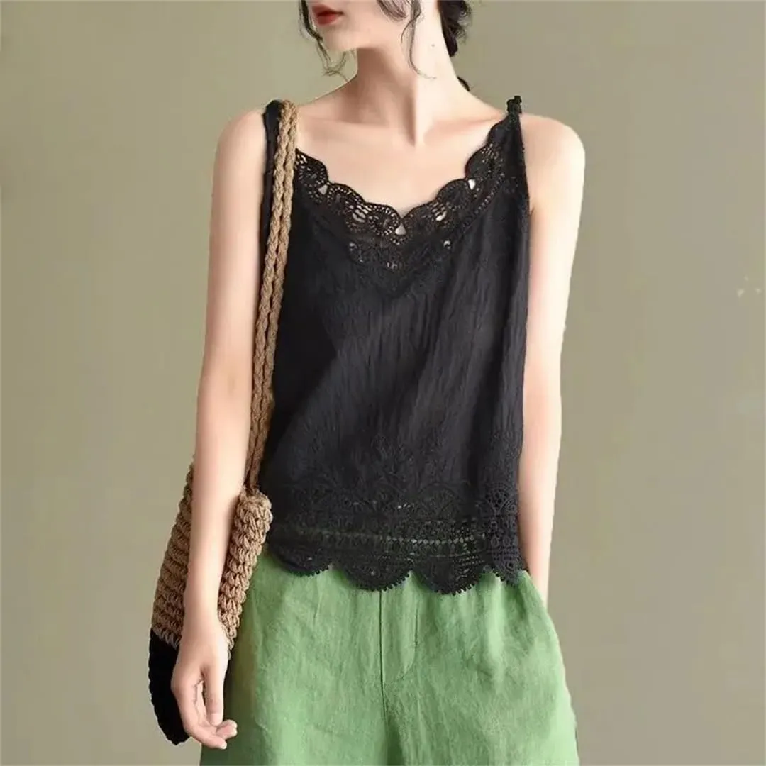Women's Cotton and Linen Camisole lace Vest top Summer Casual Short Vest