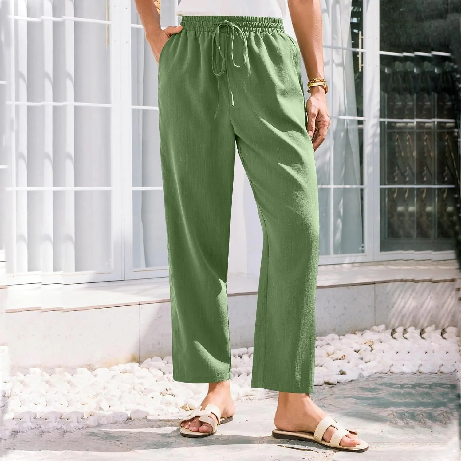 Womens Cotton Linen Elastic Drawstring Straight Leg Pants 2025 Summer Casual Trousers with Pockets Plain Beach Lounge Clothes