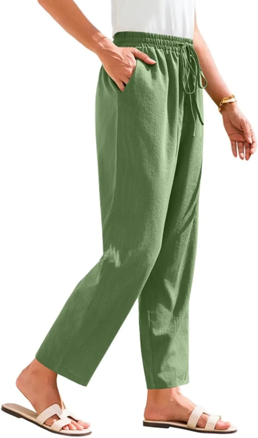 Womens Cotton Linen Elastic Drawstring Straight Leg Pants 2025 Summer Casual Trousers with Pockets Plain Beach Lounge Clothes